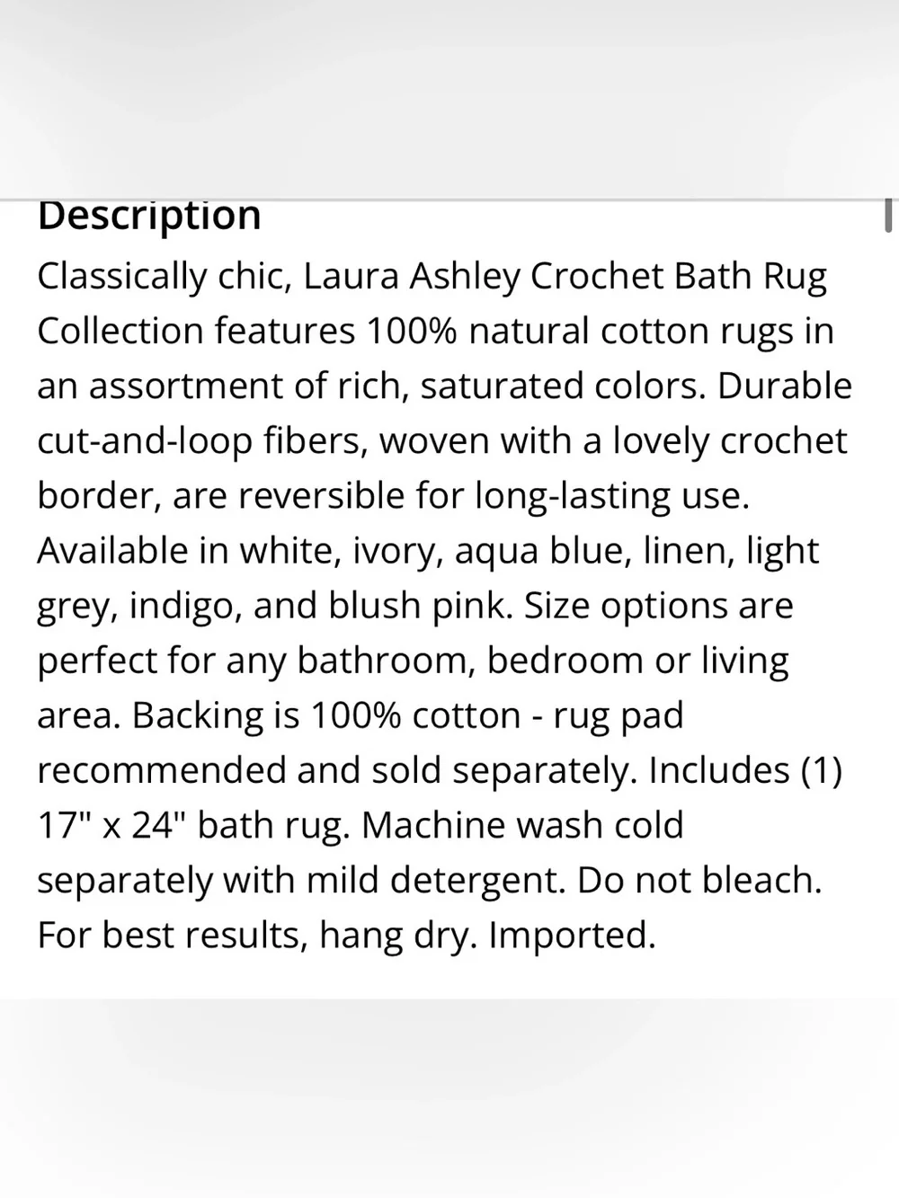 Laura Ashley Crochet Cotton Bath Rug REVERSIBLE 17x24” GRAY